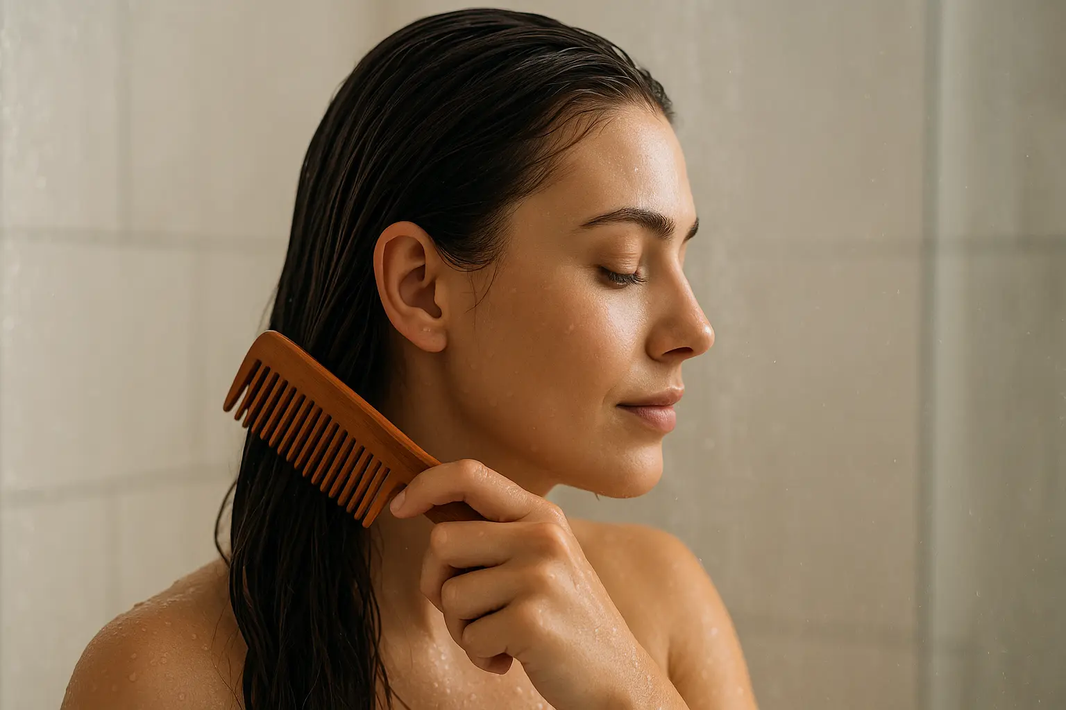 Woman detangling wet hair in shower with wide-tooth comb