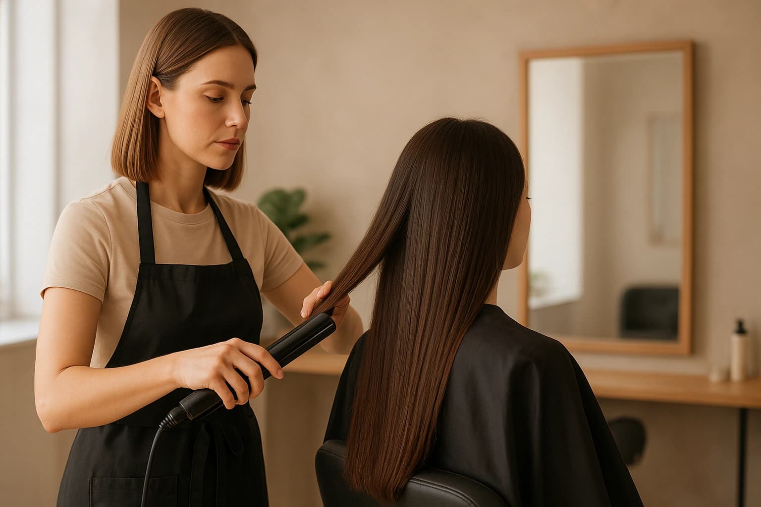 Woman with straight hair after professional hair straightening treatment