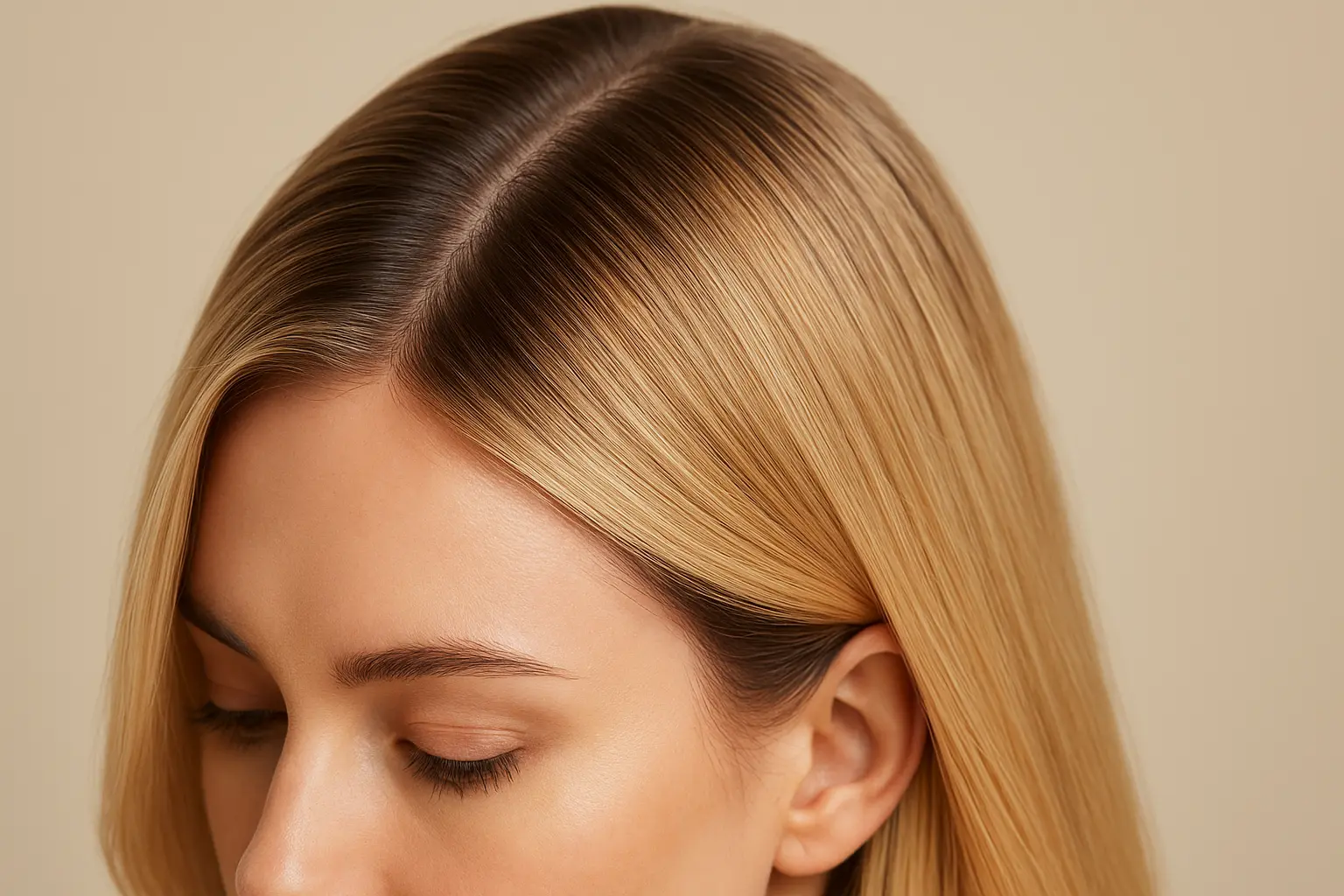 Woman with healthy, shiny colored hair at the hairdresser